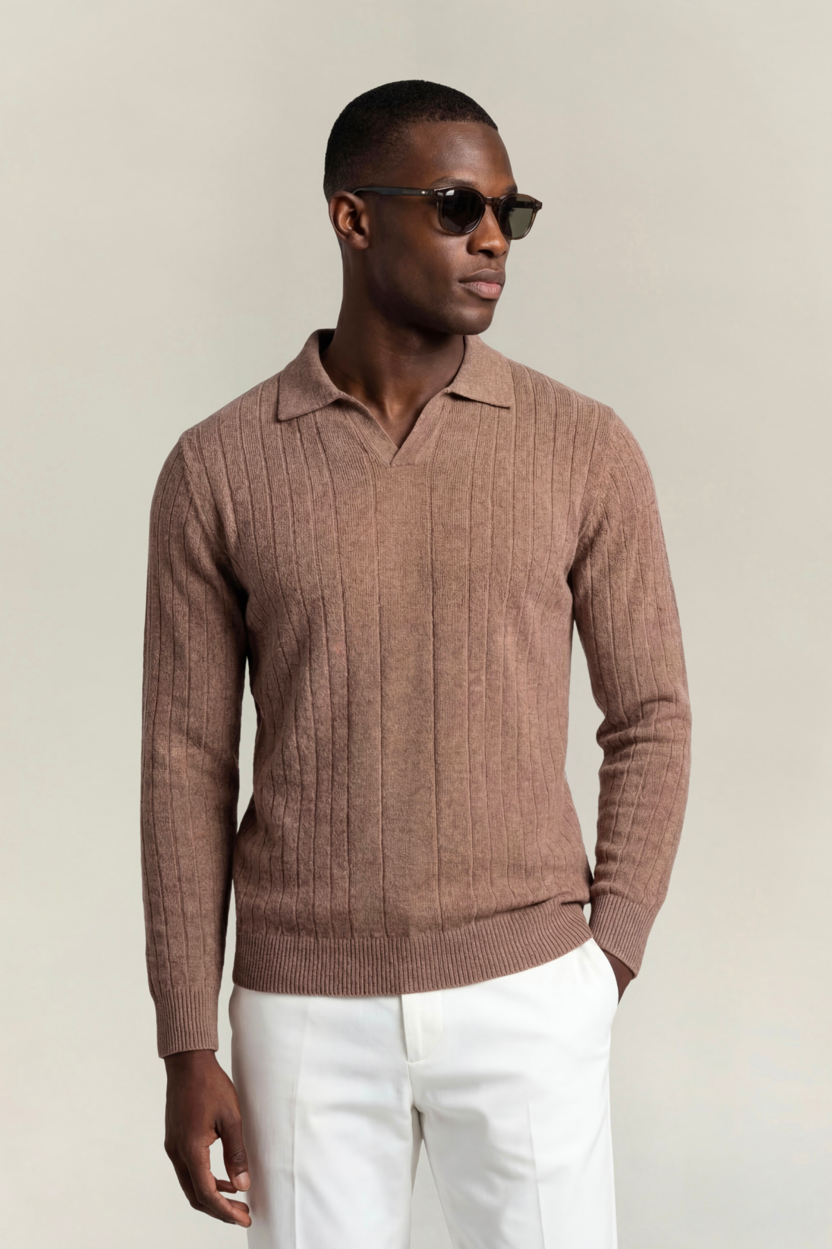 Camel Düğmesiz Uzun Kollu Polo