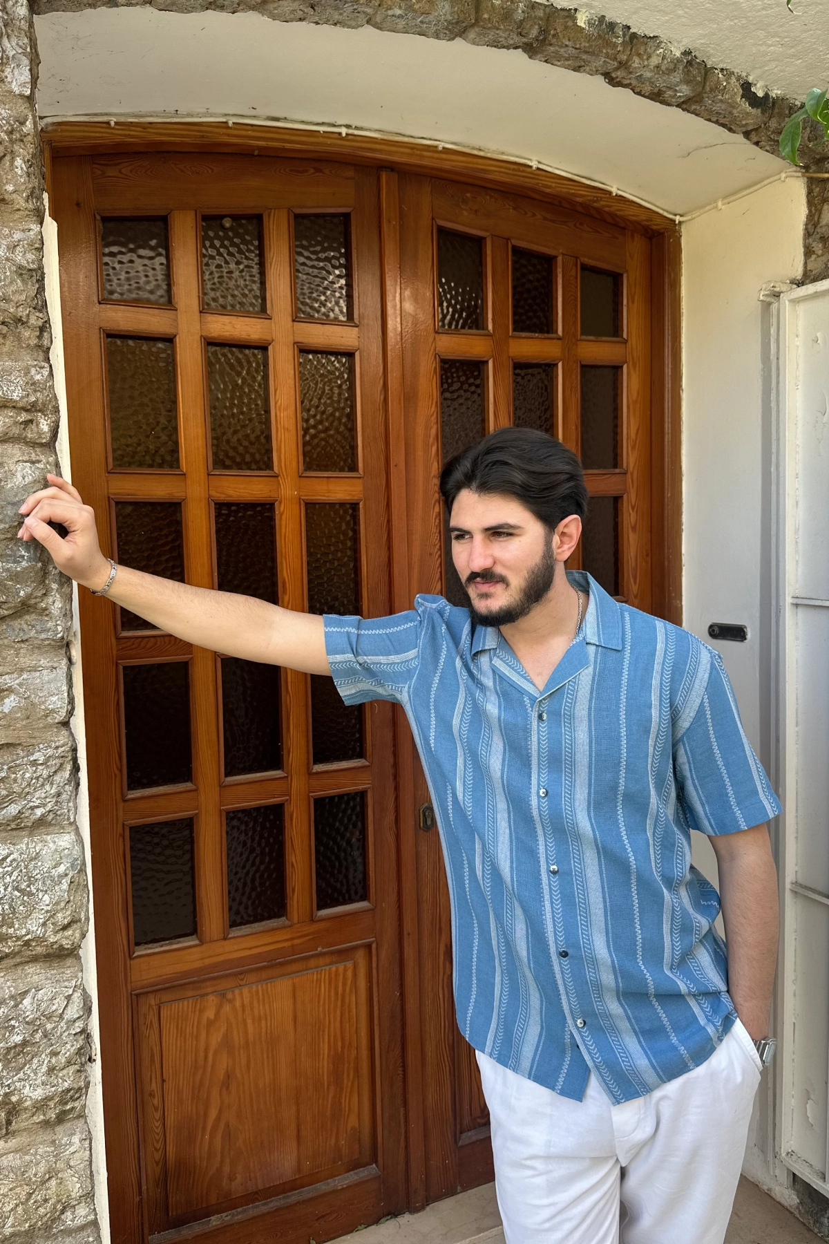Örgü Desenli Mavi Gömlek